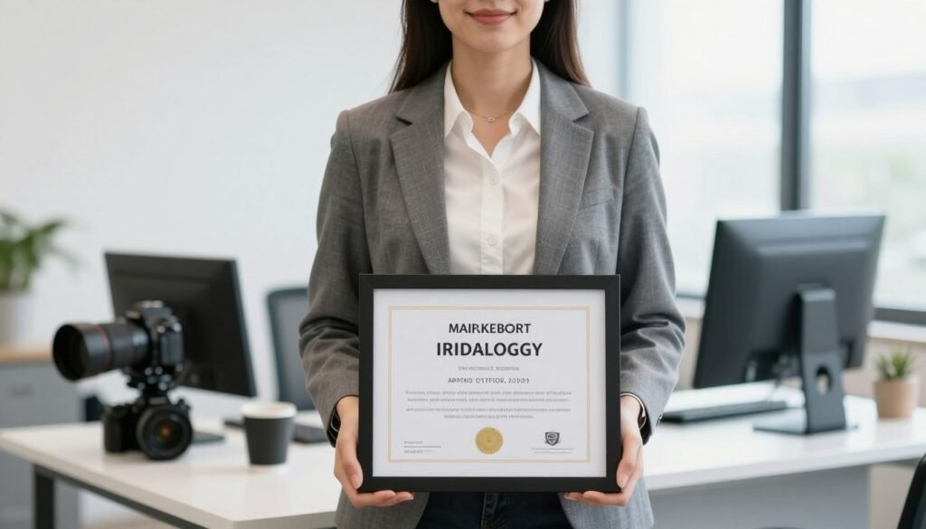 Graduate holding iridology certification with professional camera equipment on desk