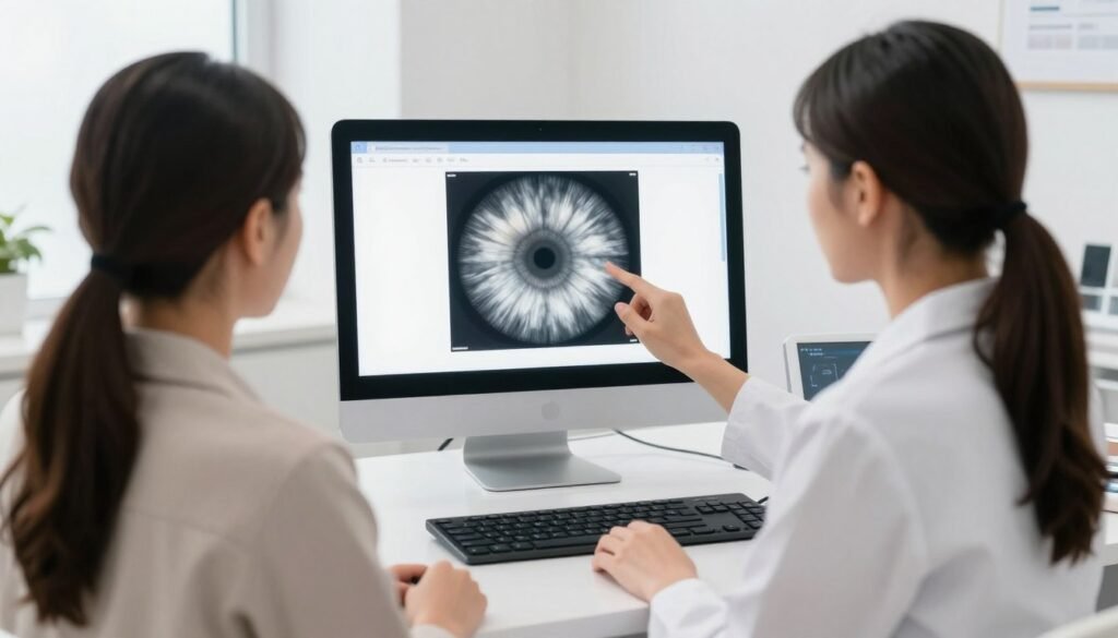Healthcare professional using MAIKONG iridology software with patient in modern wellness clinic setting