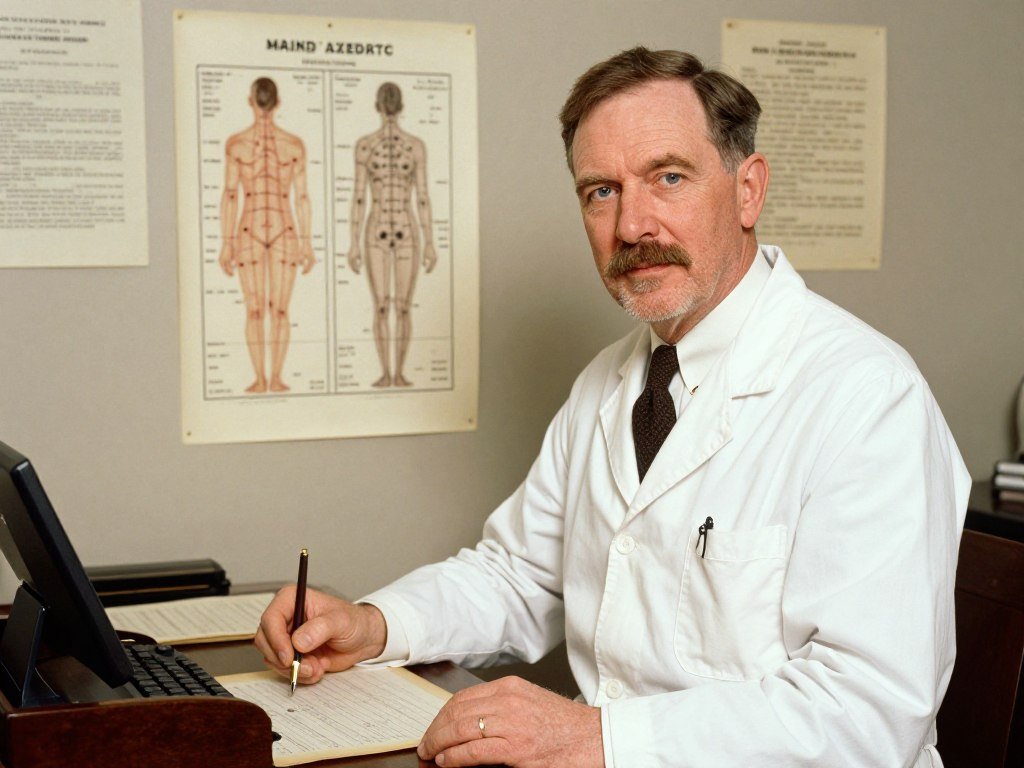 Historical portrait of Dr Bernard Jensen with his iridology research materials