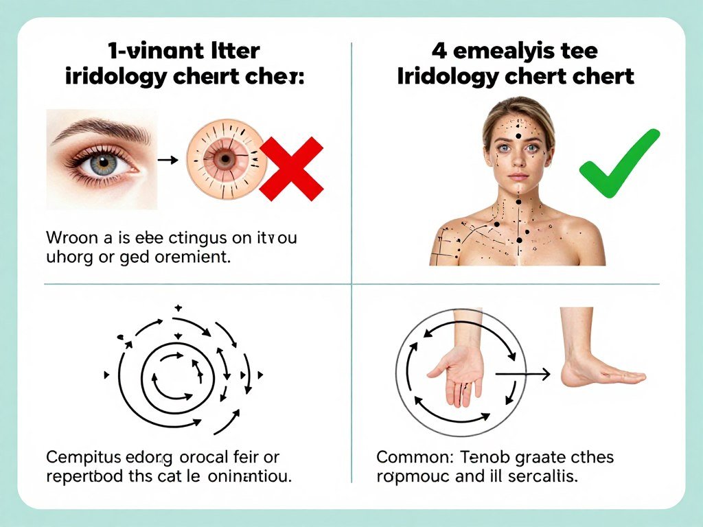 Illustration showing common iridology chart reading errors with correct and incorrect examples