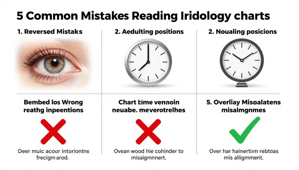 Infographic showing common iridology chart reading errors with correction guidance