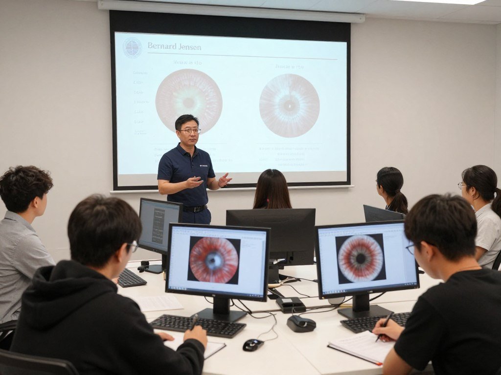 Iridology classroom setting with instructor teaching bernard jensen chart to students