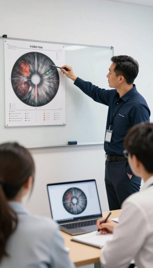 Iridology instructor teaching student to identify kidney zones using wall-mounted chart and laptop showing iris images