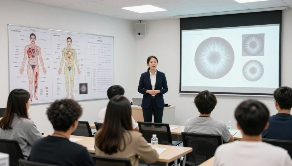 Iridology instructor teaching students using large wall chart and projected iris images