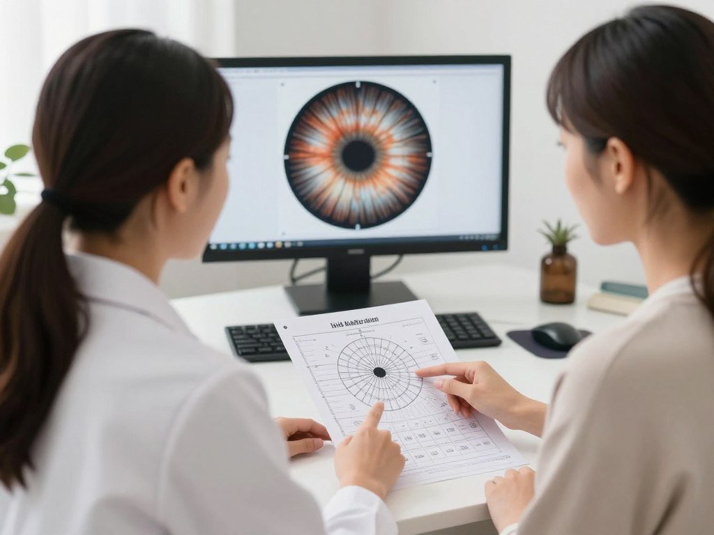 Iridology practitioner showing chart to client during consultation