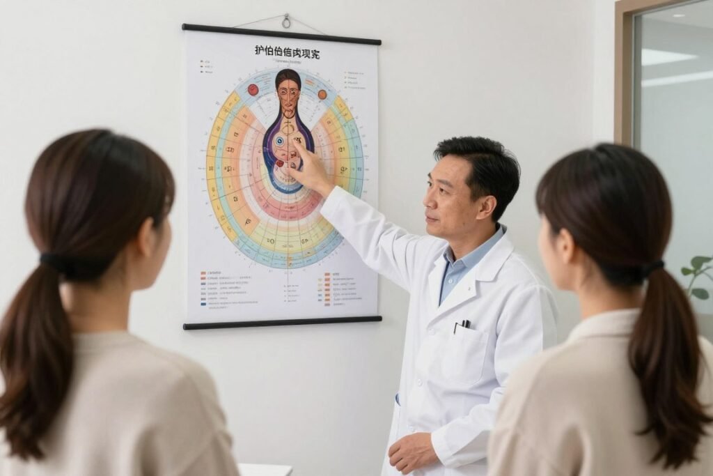 Iridology practitioner using chart during client consultation session