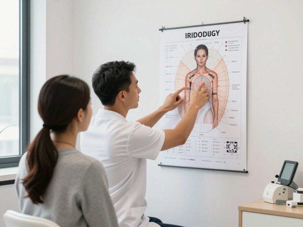 Iridology practitioner using chart during client consultation