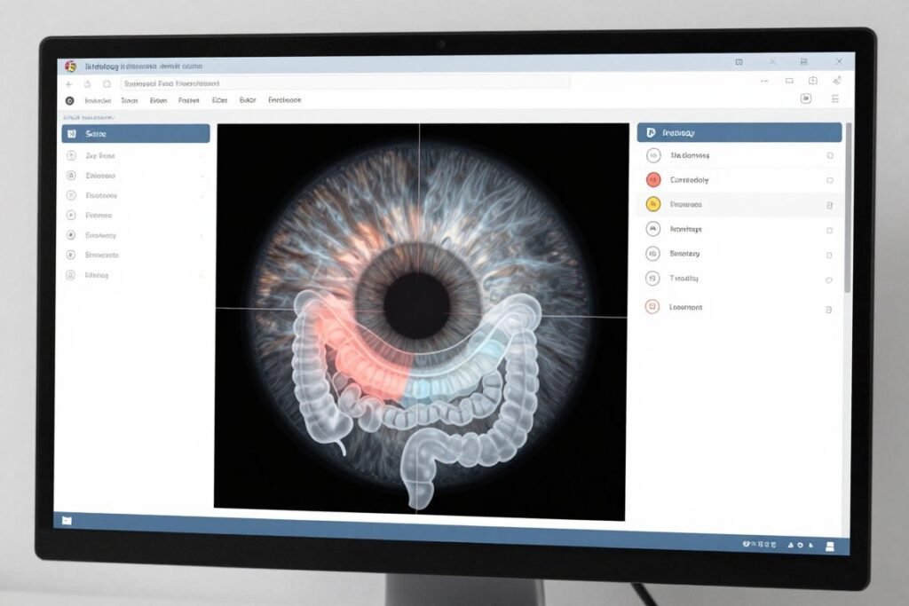 Iridology software interface showing iris image with intestine chart overlay and zone highlighting