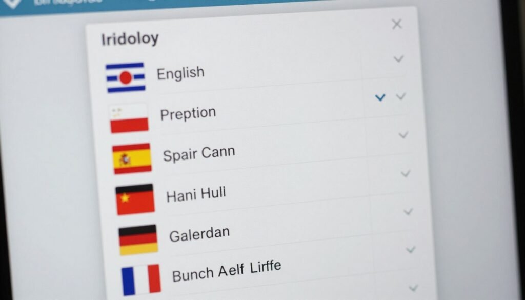 Iridology software interface showing language selection menu with flags of different countries