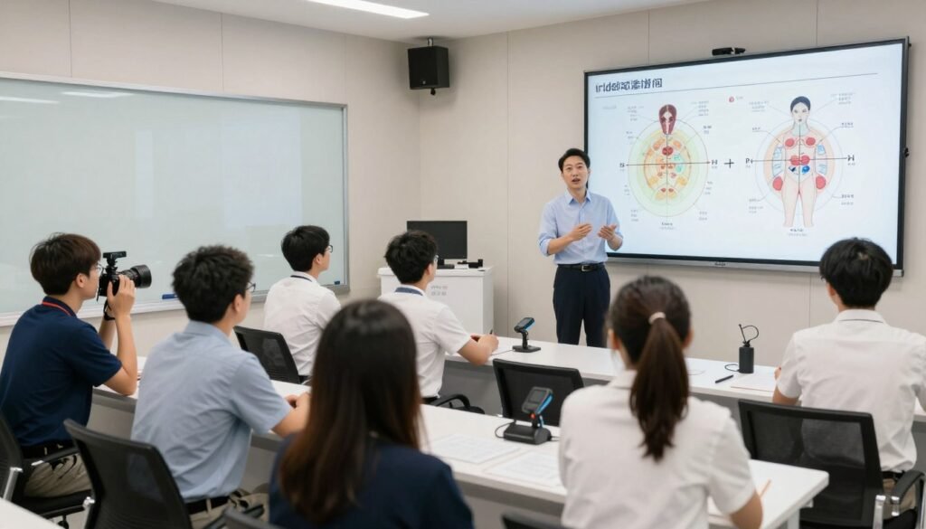 Iridology training classroom with students examining iris charts