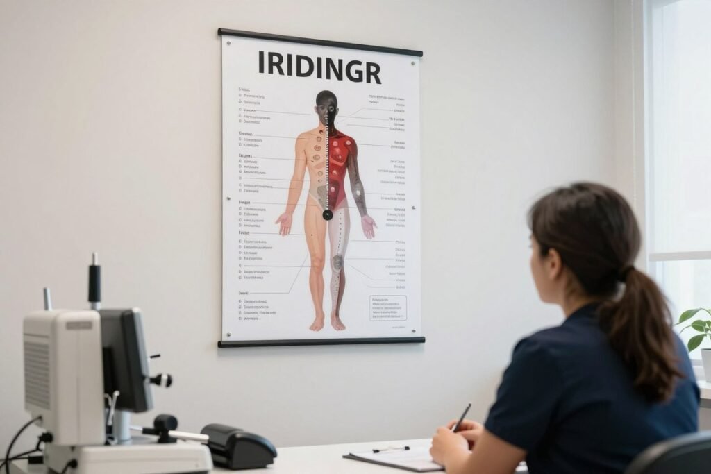Laminated iridology chart poster mounted in natural health clinic consultation room