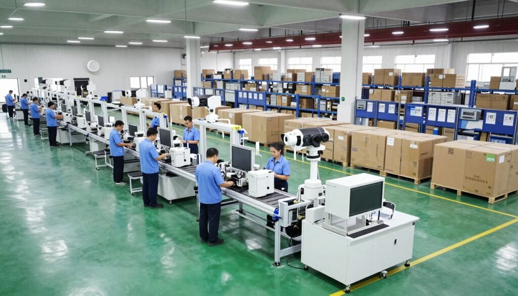 MAIKONG manufacturing facility and warehouse showing iridology equipment production and global distribution operations