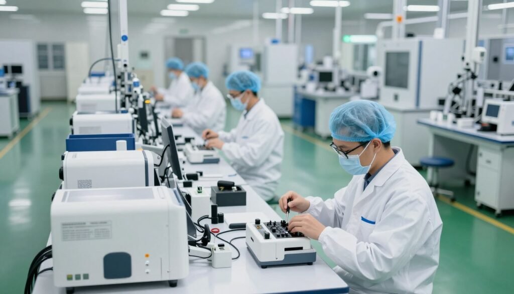MAIKONG manufacturing facility showing ISO-certified production of iridology cameras