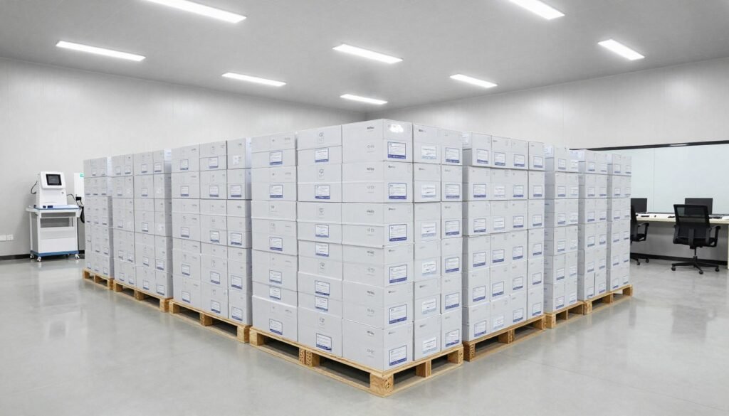 MAIKONG warehouse showing inventory of iridology equipment