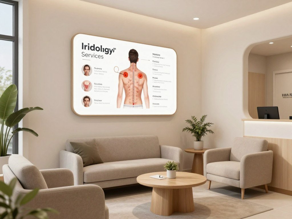 Modern wellness clinic reception area with iridology services