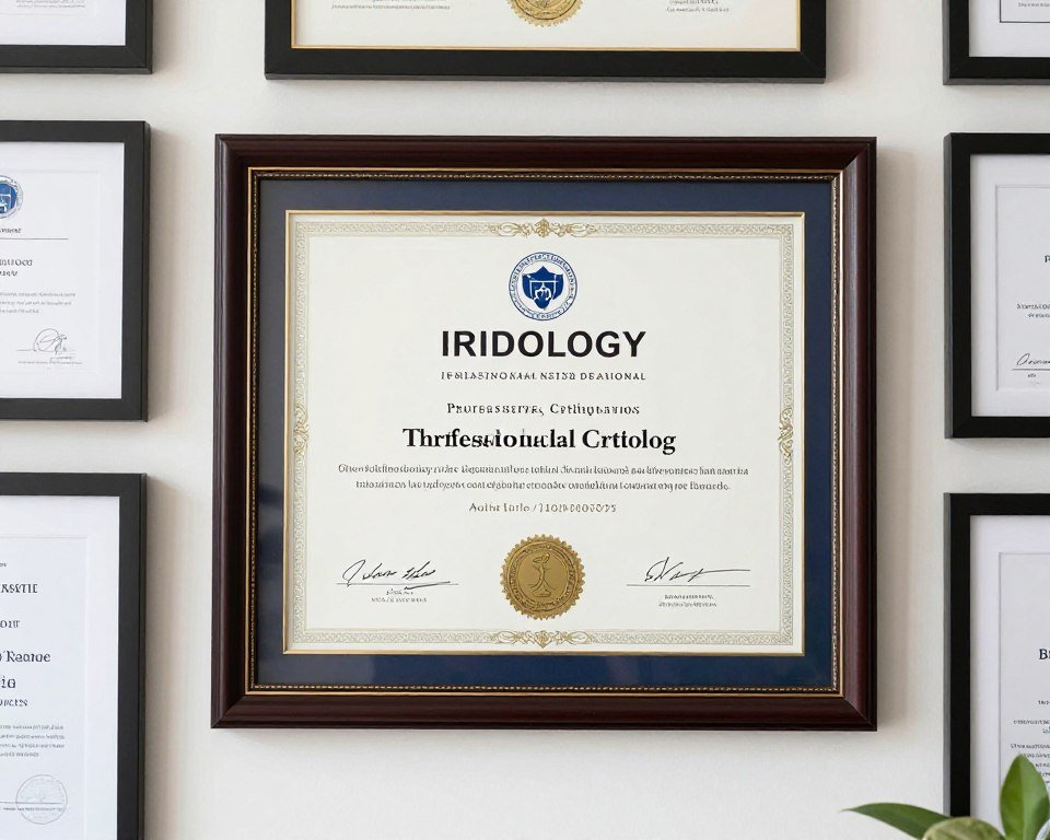 Official iridology certification diploma with professional seal displayed in frame