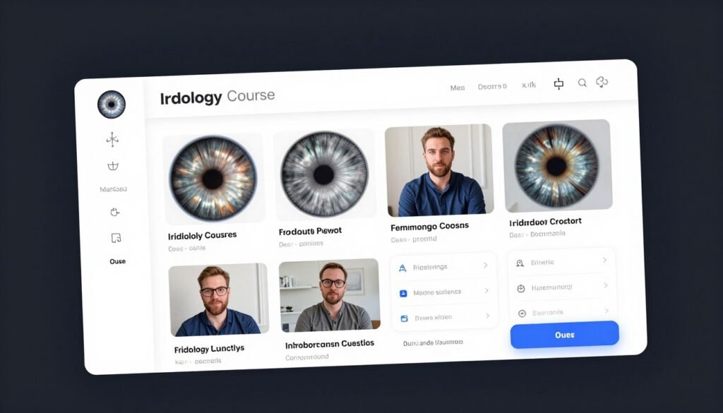 Online iridology course interface showing virtual learning platform