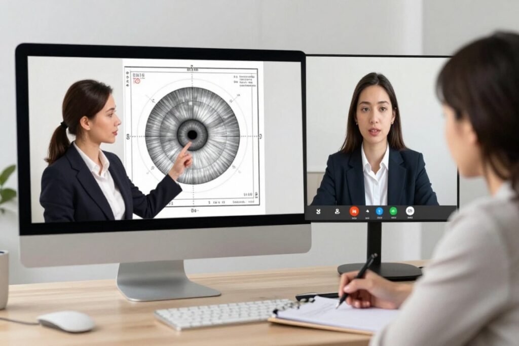 Online iridology student support session with instructor via video call