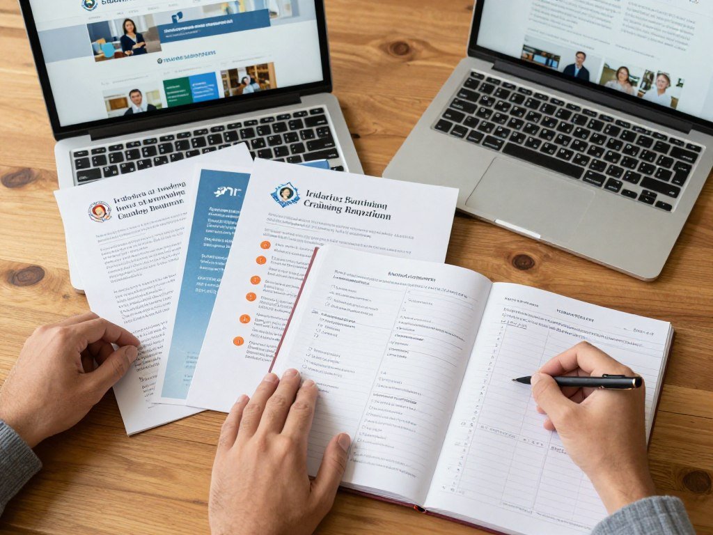 Person comparing multiple iridology course brochures and certificates on desk with laptop