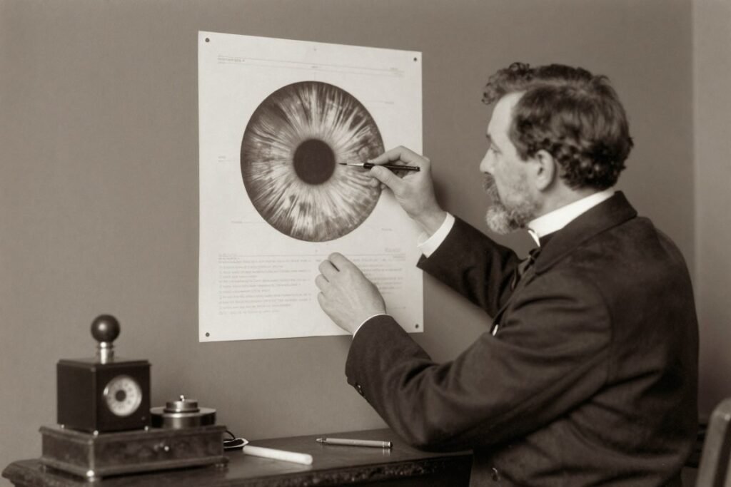 Portrait-style image representing early iridology pioneers examining iris charts