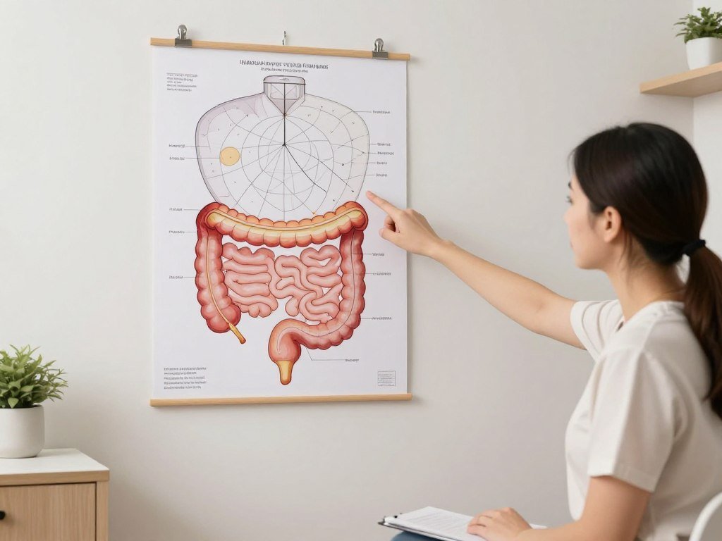 Practitioner explaining iridology intestine chart to client during consultation session