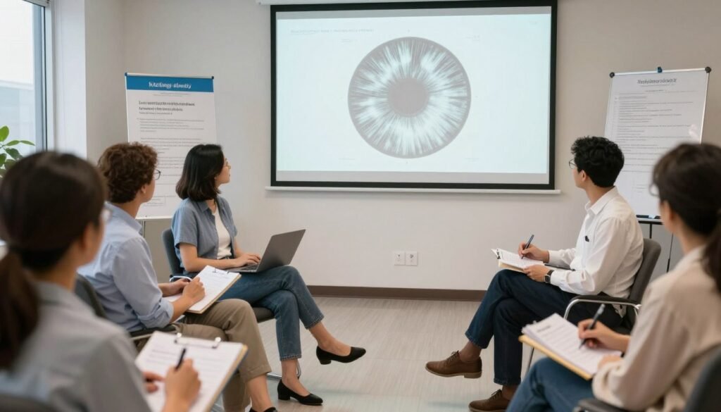 Practitioner presenting iridology educational seminar to community group