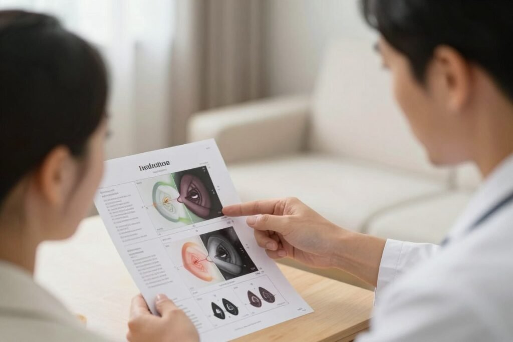 Practitioner showing iridology chart to client during one-on-one consultation