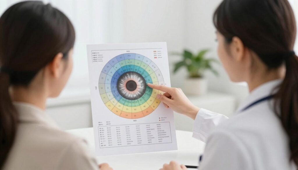 Practitioner using iridology chart during client consultation
