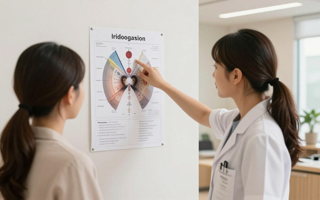 Practitioner using iridology chart during client consultation session