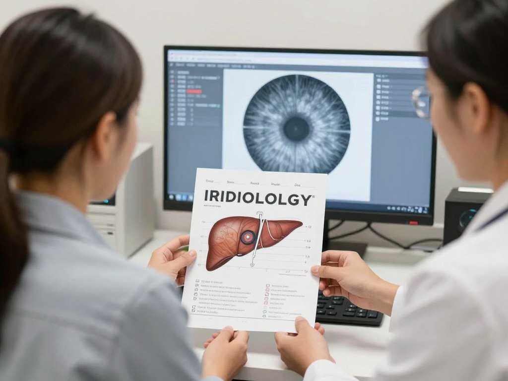 Practitioner using iridology chart during client consultation