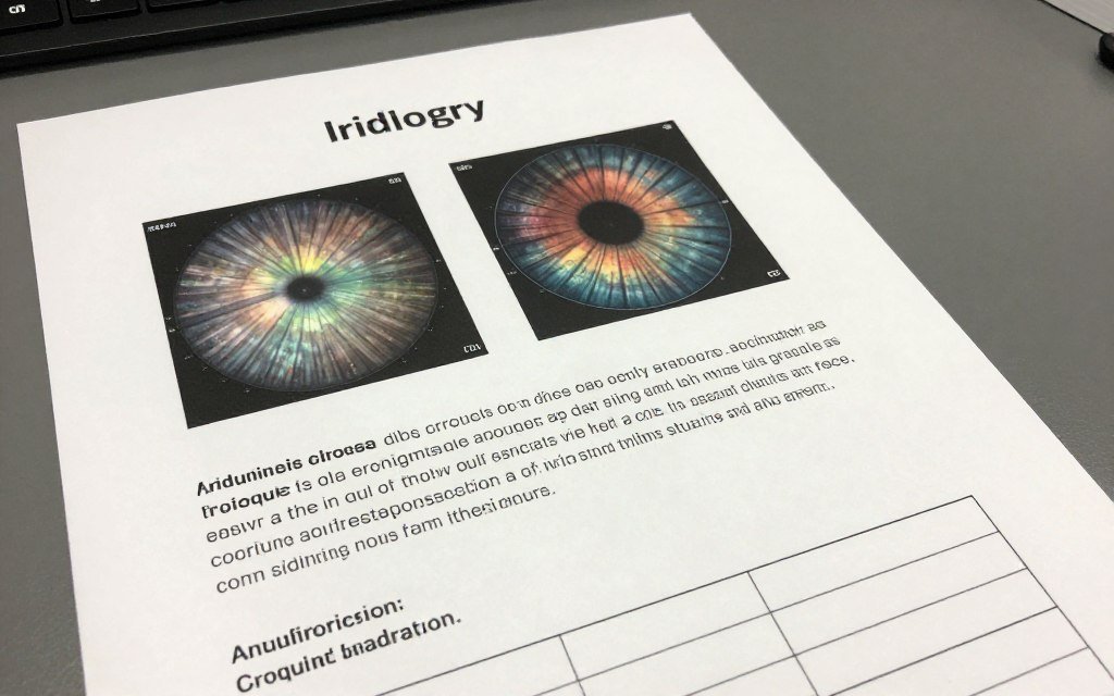Printed iridology report showing iris images, chart overlays, and detailed analysis text