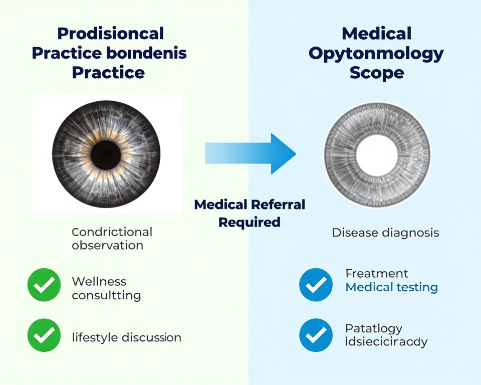 Professional boundaries diagram showing clear separation between traditional iridology observation and medical ophthalmology diagnosis with referral pathways