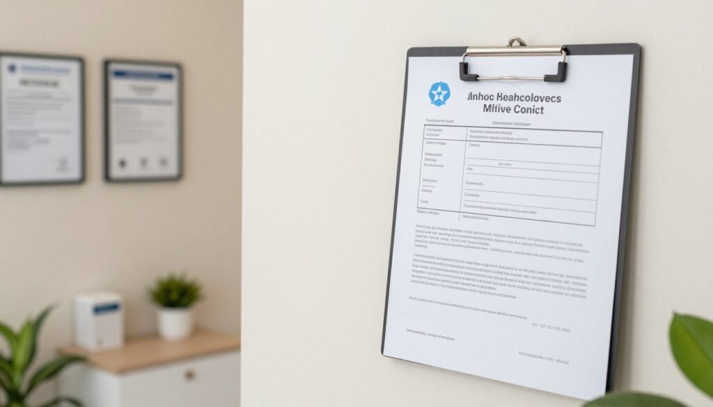 Professional consultation room showing compliance documentation and disclaimers