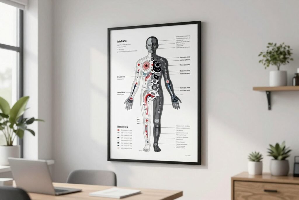 Professional consultation room with iridology chart displayed