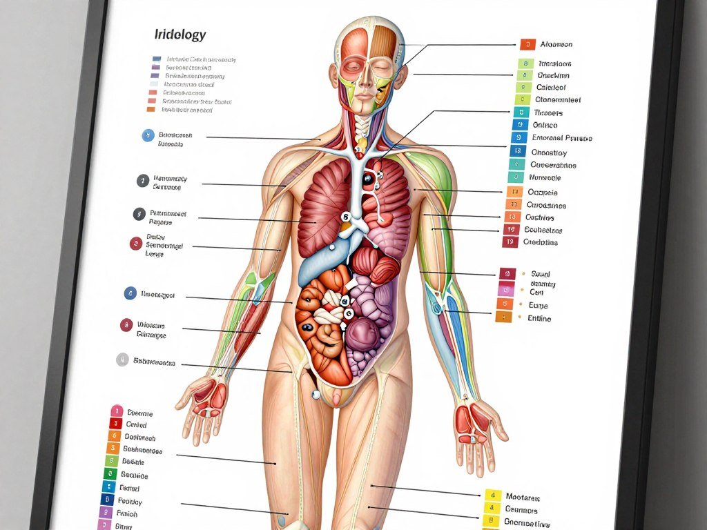 Professional detailed iridology chart with numbered zones