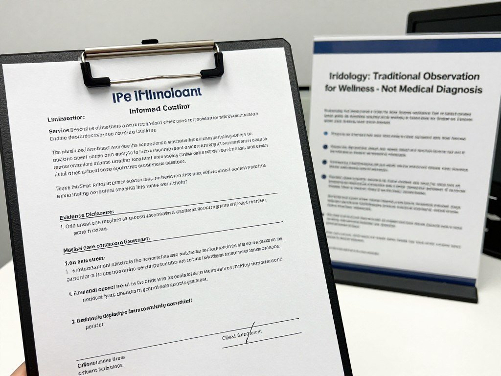 Professional informed consent document and disclosure forms showing proper legal framework for ethical iridology practice in United States