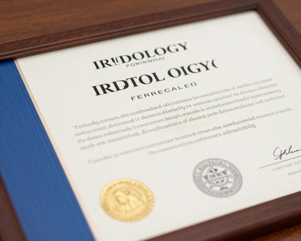 Professional iridology certification documents and credentials display