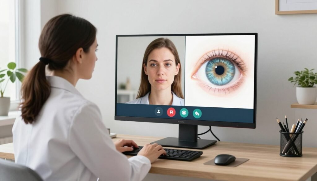 Professional iridology practitioner conducting remote consultation via video call with client