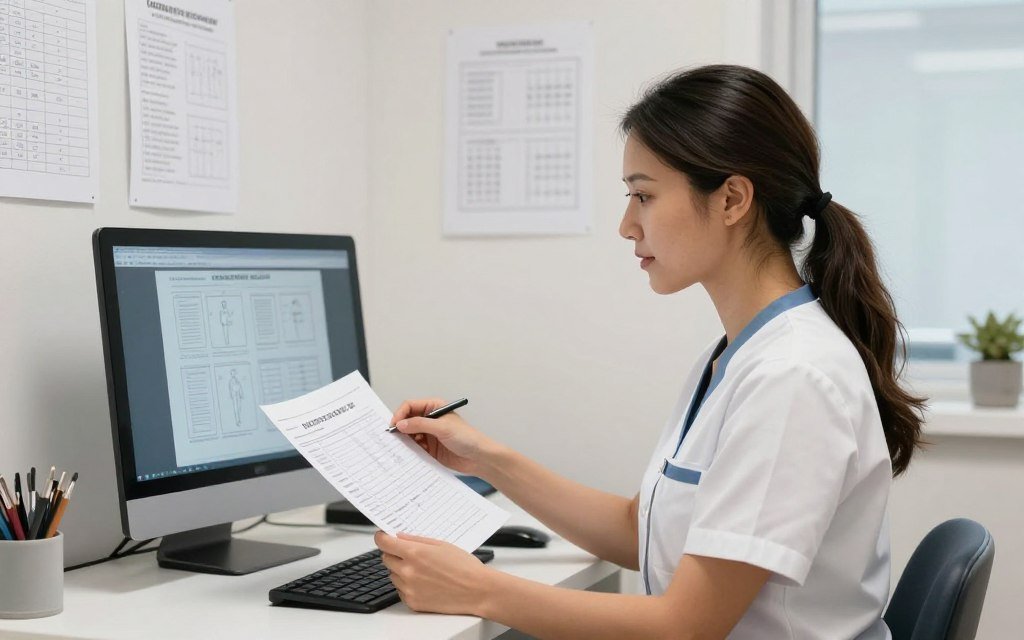 Professional iridology practitioner reviewing charts in modern wellness clinic