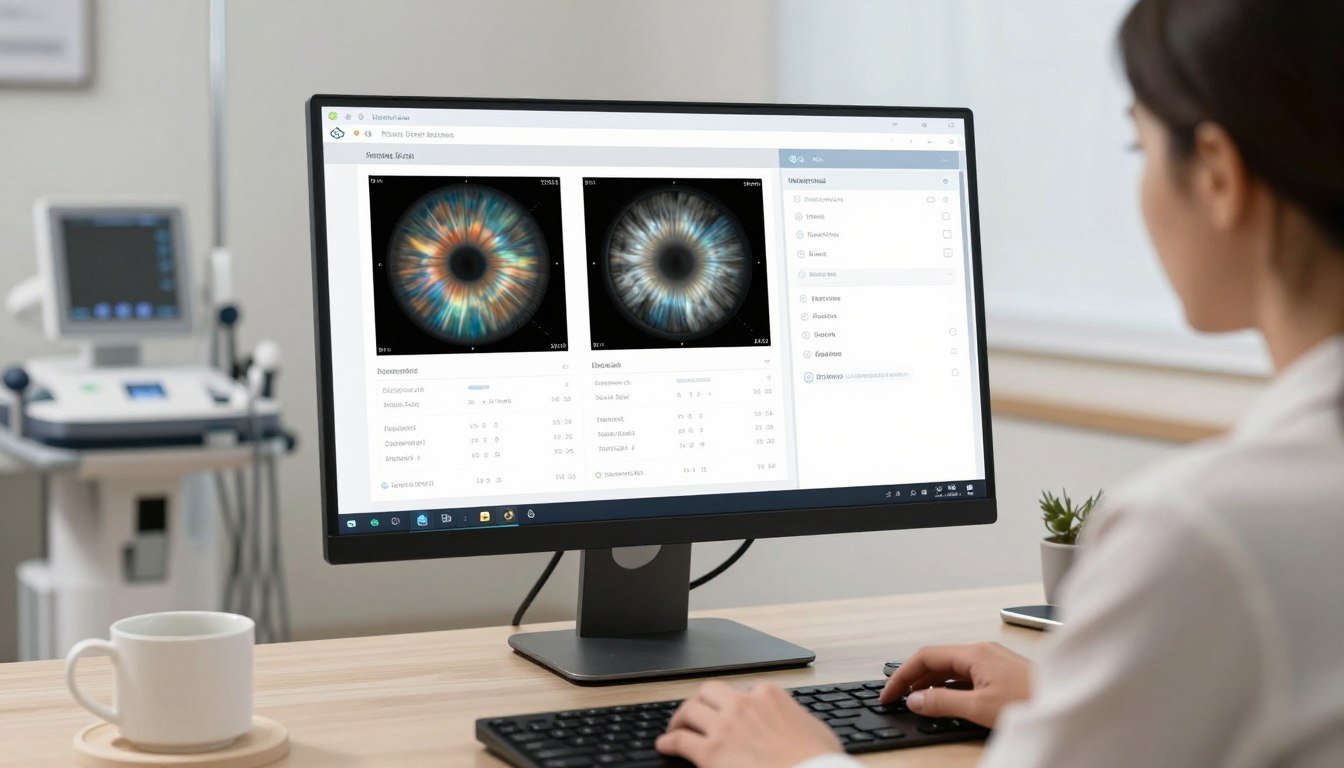 Libros de Iridología PDF Gratis 1 Professional iridology practitioner using modern software with integrated digital reference materials on computer screen