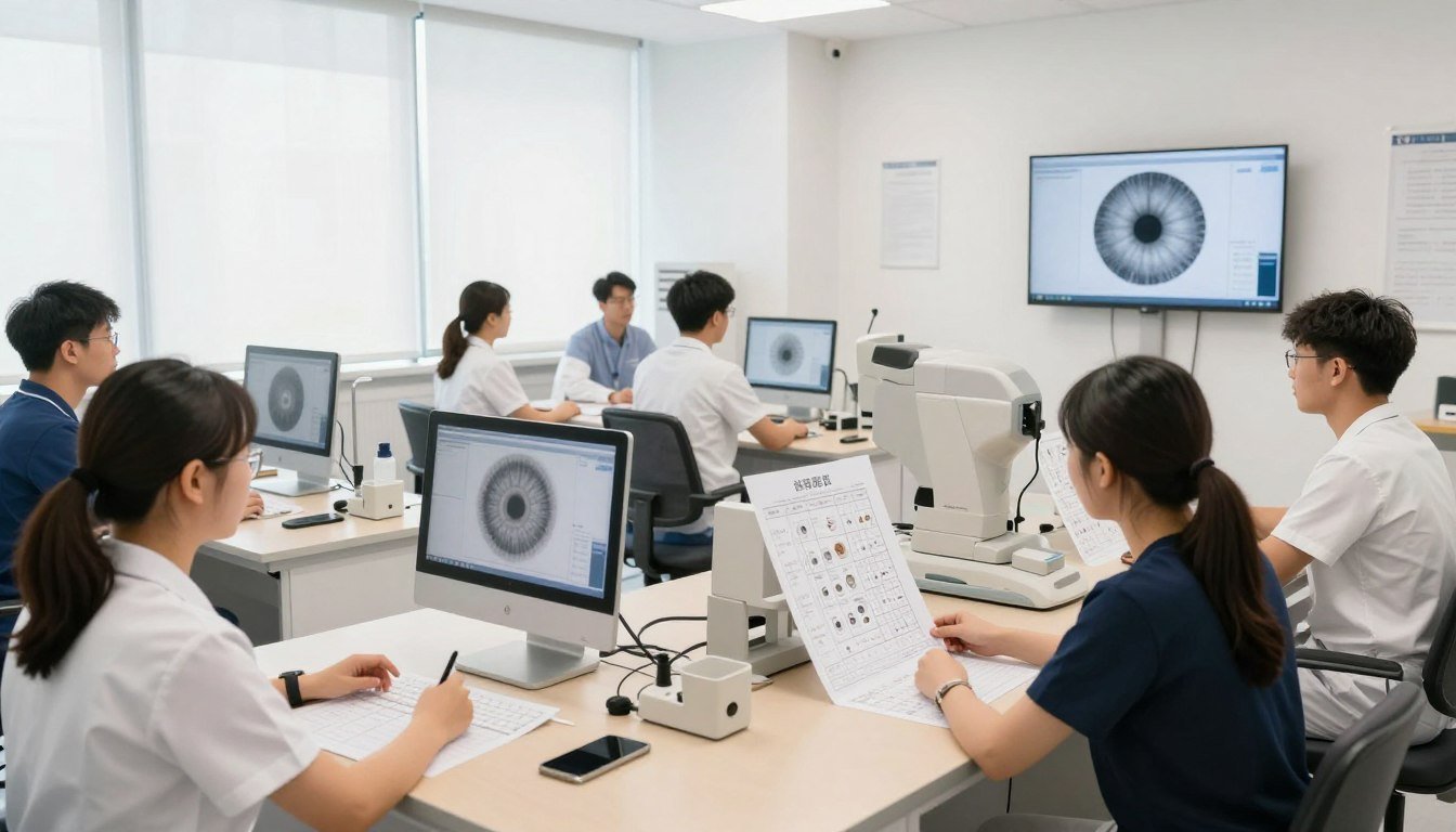 Professional iridology training classroom with students examining iris charts