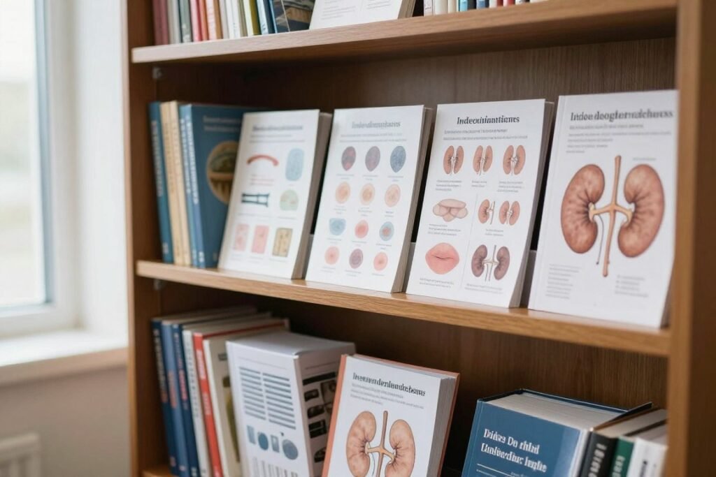 Professional reference library showing collection of various iridology charts and textbooks on kidney zone interpretation