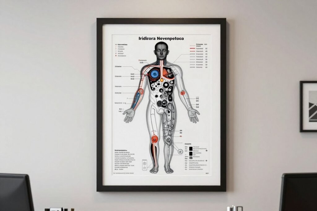 Professionally framed iridology chart in consultation room