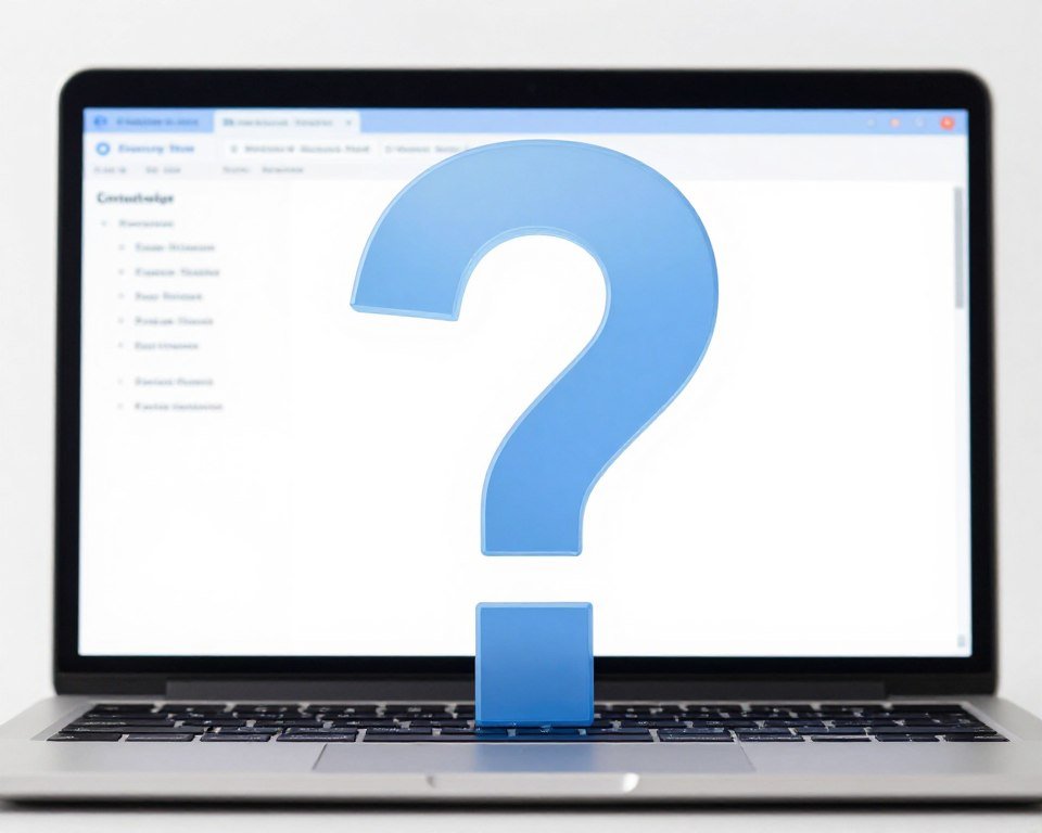 Question mark icon over laptop screen showing iridology software interface