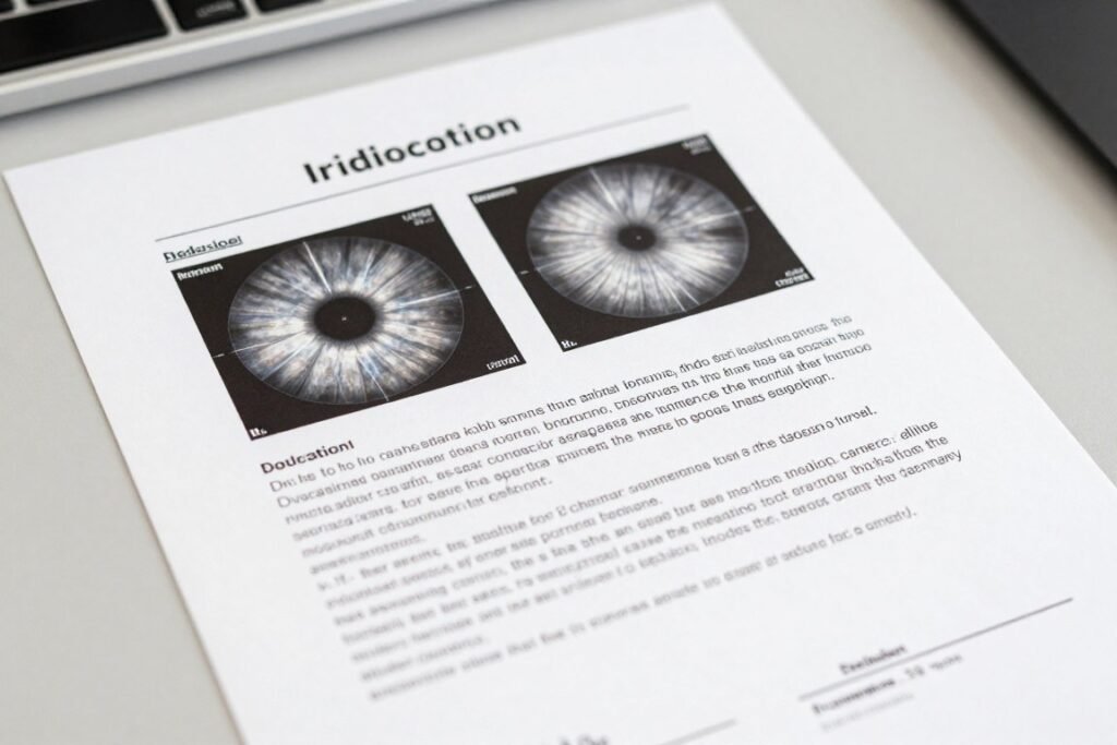 Sample printed iridology report showing professional formatting with iris images and analysis notes Sample printed iridology report showing professional formatting with iris images and analysis notes