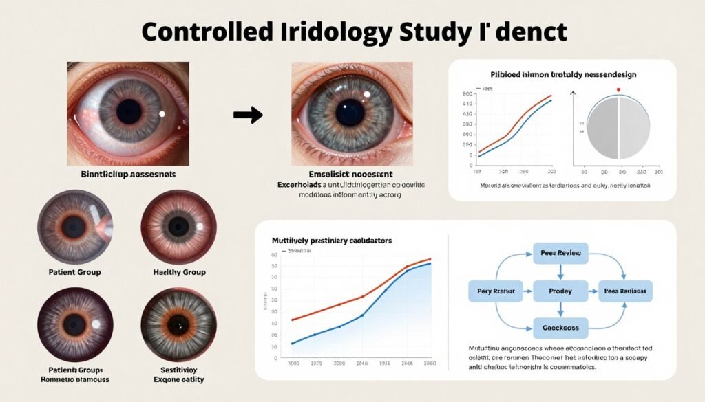 Scientific research methodology diagram showing controlled study design for testing iridology diagnostic claims with statistical analysis