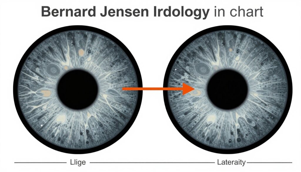 Side-by-side comparison of bernard jensen left and right eye iridology charts