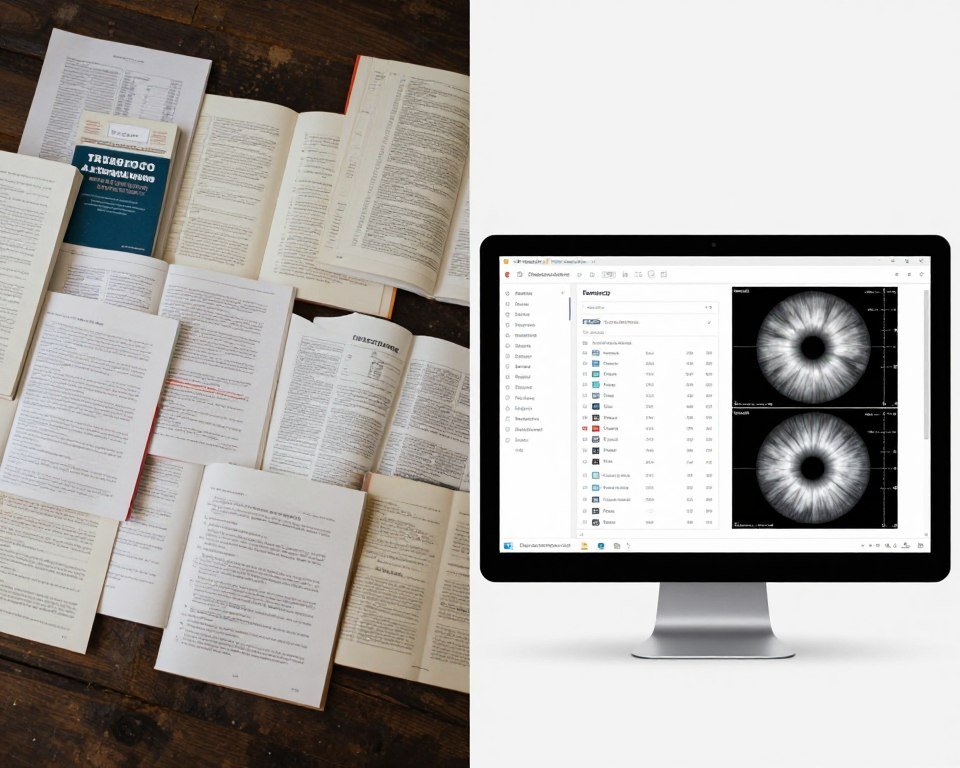 Split screen comparison showing cluttered desktop with multiple PDF files open versus clean organized software interface with integrated reference panel Split screen comparison showing cluttered desktop with multiple PDF files open versus clean organized software interface with integrated reference panel