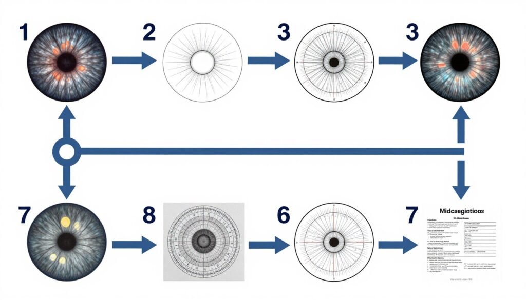 Step-by-step iridology chart reading process demonstration