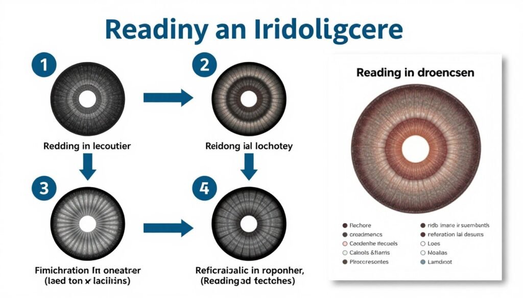 Step by step visual guide showing how to read and interpret an iridology chart